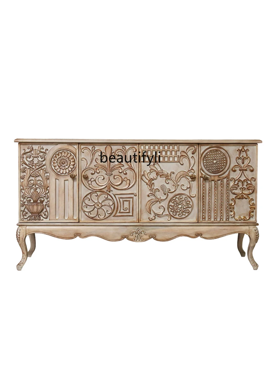 

American Classical Solid Wood Dining Side Wine Cabinet Integrated Wall Carved Light Luxury Storage Cabinet Distressed Hallway