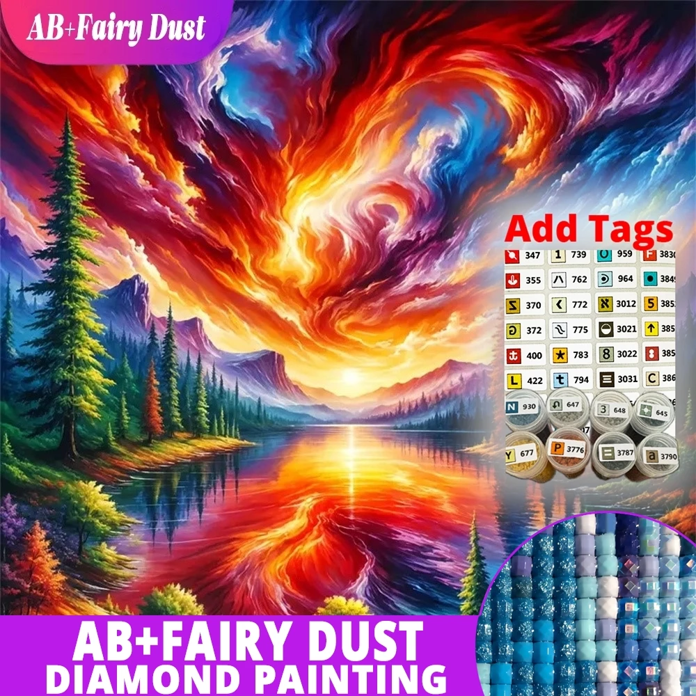 

AB Fairy Dust Full Square Round Diamond Mosaic Mountain Landscape Pattern for Adults Beginners Sunset Painting River DIY Holiday