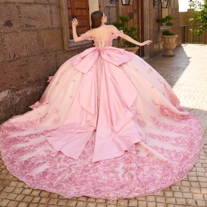 فساتين Quinceanera الوردية اللامعة قبالة الكتف زين زهرة الخرز تول القوس حفلة عيد ميلاد الحلو 16 فستان Vestidos 15 De Anos