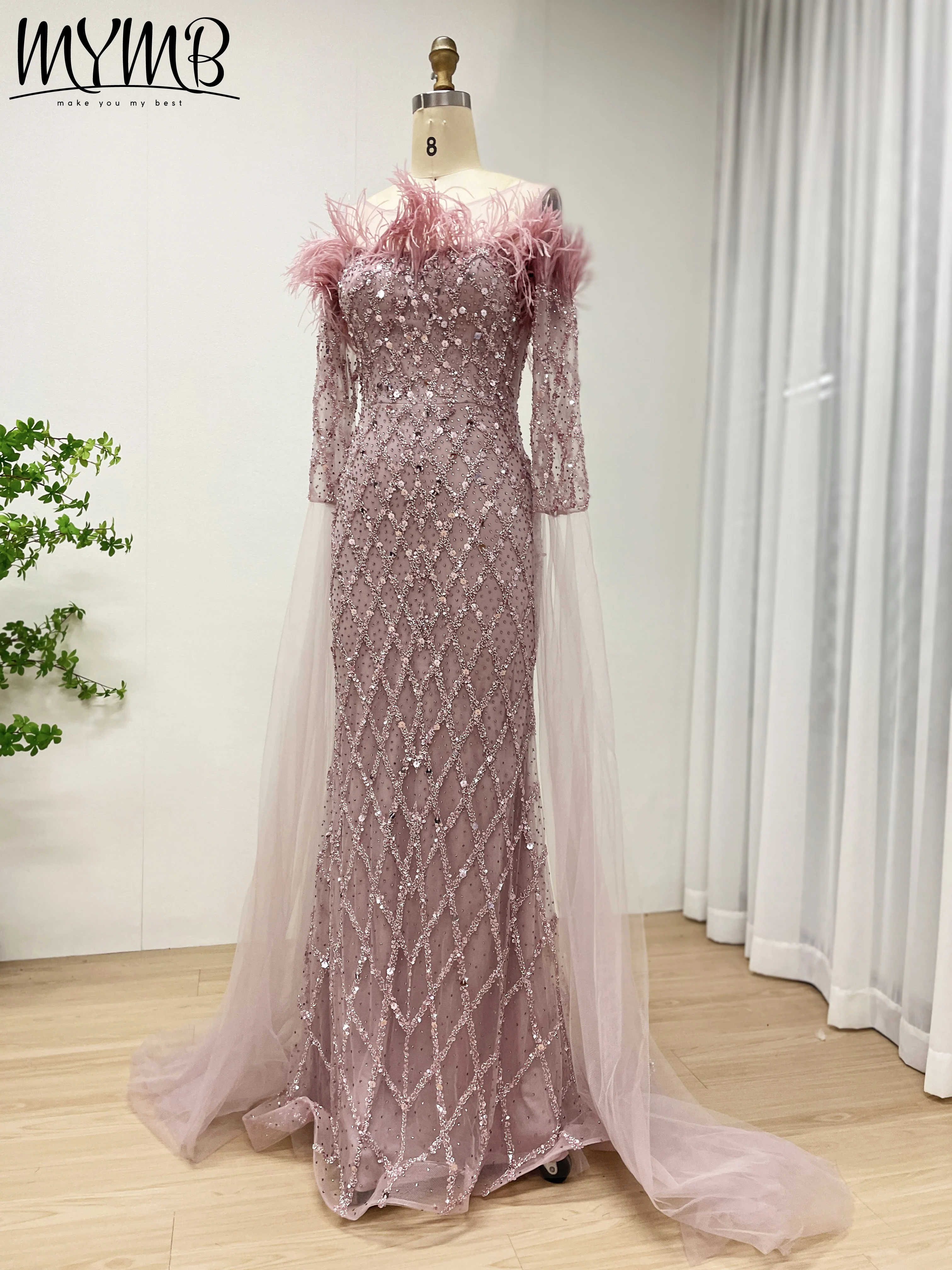 MYMB lujo Rosa caramelo pluma con cuentas capa sirena vestidos de noche vestidos para mujeres elegante boda Formal fiesta nuevo MB40392