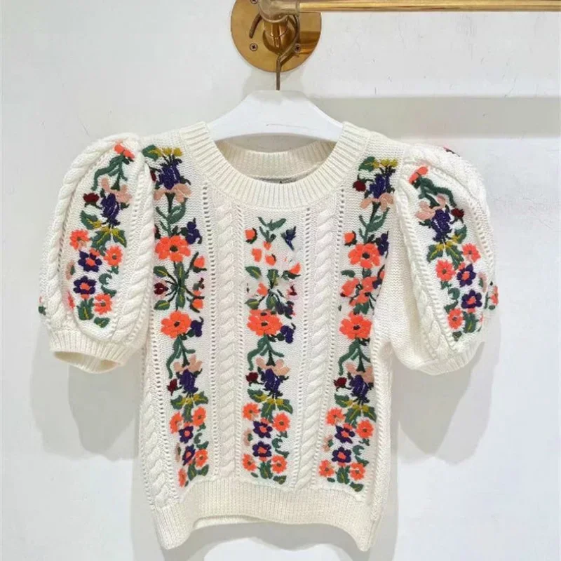 French Niche Hook Flower Embroidery Sweater Women 2024 Summer Chic New All-match Tops Puff Sleeve O-neck Elegant Female Pullover