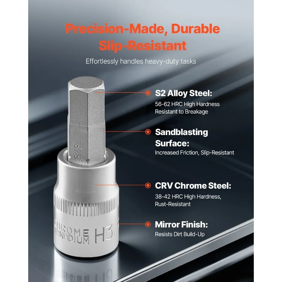 Набор шестигранных головок, 32 предмета, легированная сталь S2, сталь CrV, стандарт SAE и метрическая