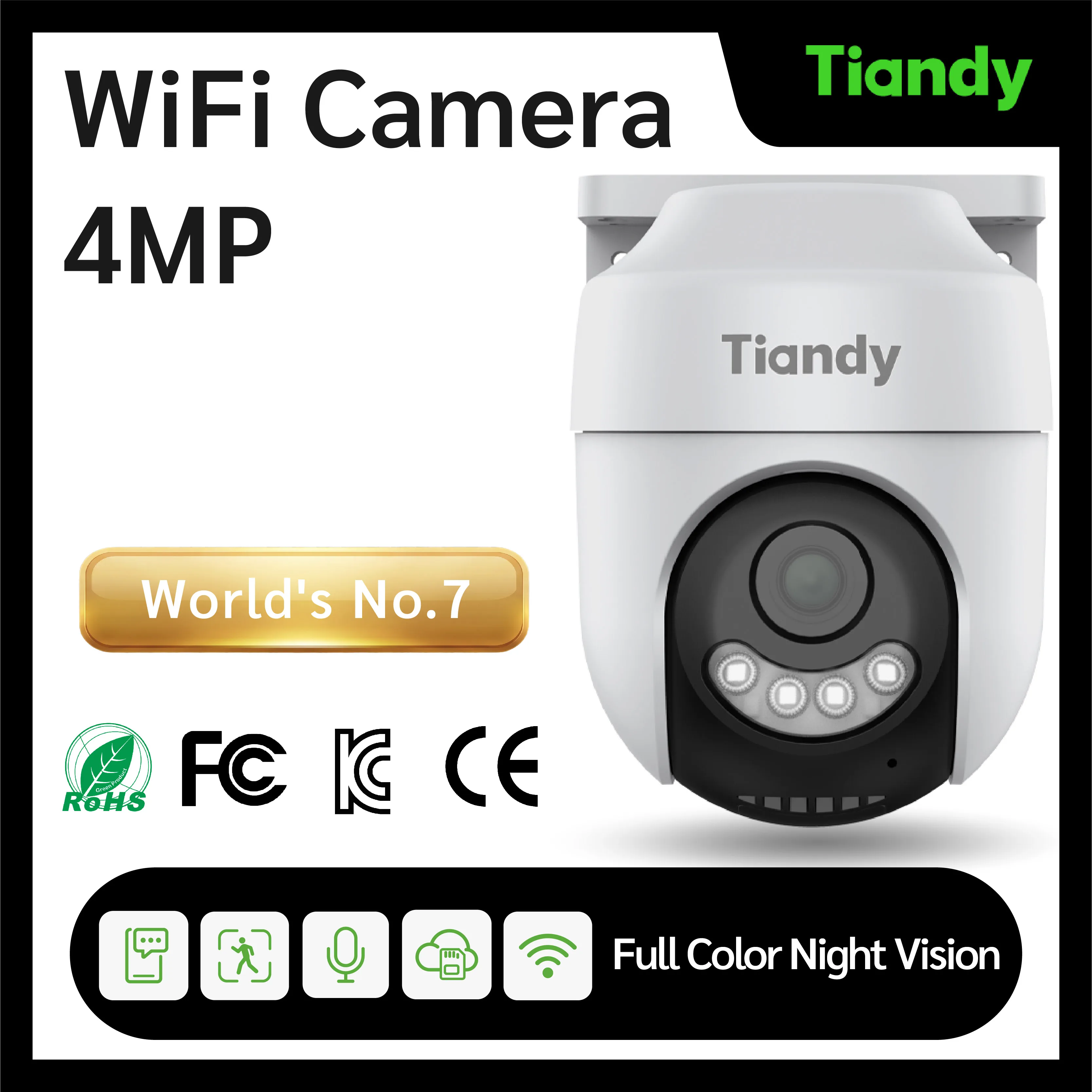 [Tiandy] Home Security WIFI Camera - 4MP - Full Color Night Vision - Human Detection - Red&Blue Light Warning - Two-way Audio -