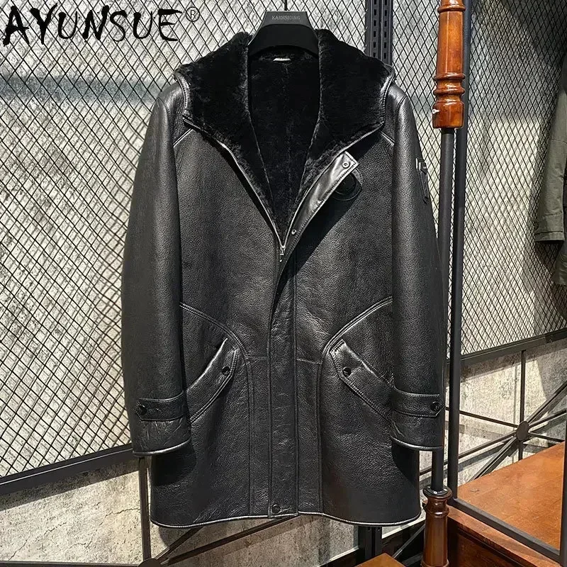 Genuine Leather Men's Winter Coat Long Real Fur Sheepskin One Jacket Men Black Hooded Novidades 2025 FCY