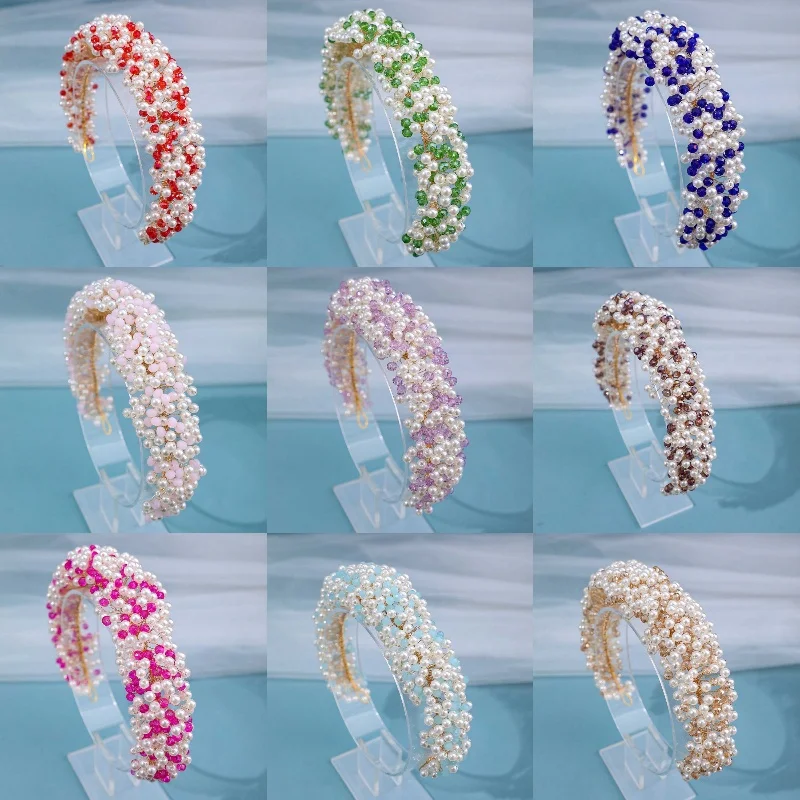 

Luxury Full Pearl Crystal Headband Tiara Hairband Silver Color Bridal Wedding Hair Accessories Vine Headband For Bride Women