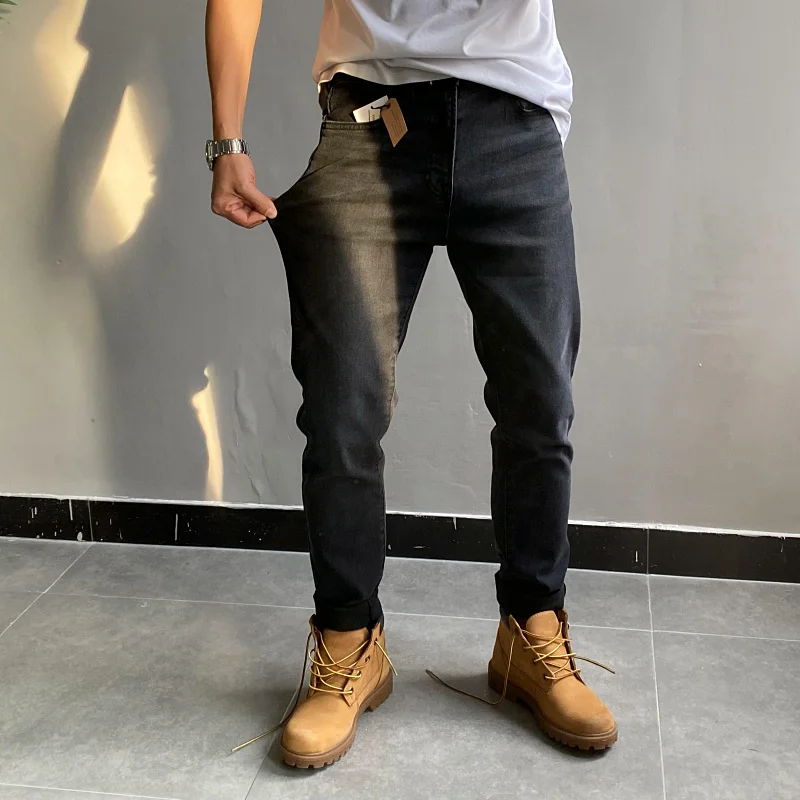 

American Style Men's Fleece Lined Cotton Stretchy Slim Fit Jeans Long Pants Autumn Winter Fashion Casual Washed out Jeans