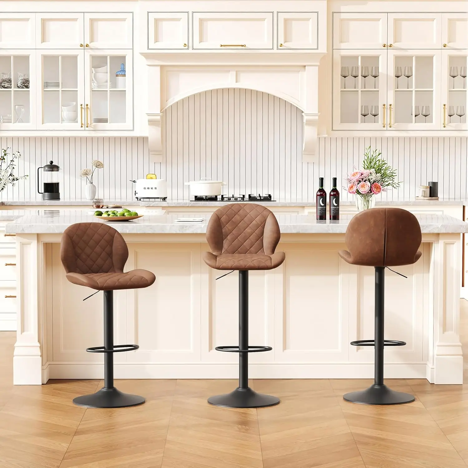 

Brown Adjustable Swivel Barstool with Back Faux Leather Counter Height Kitchen Island 24-33in Set 3, Customized