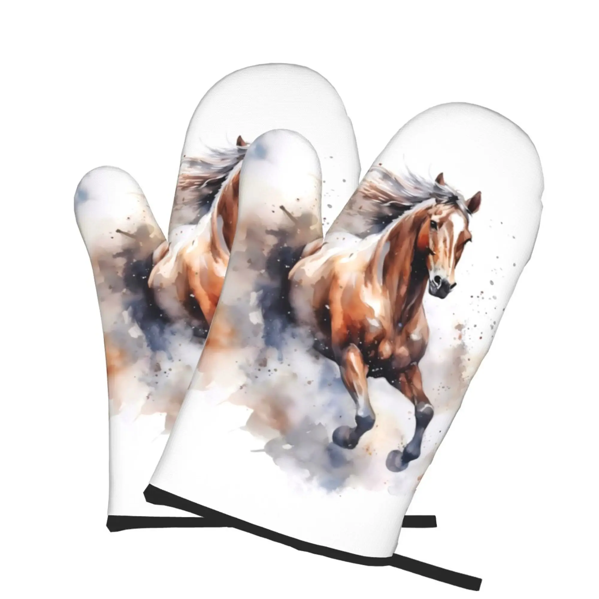 Running Horse Watercolorful Set of 2 Kitchen Gloves Women Men Oven Gloves Heat Resistant for BBQ Cooking Microwave Ovens