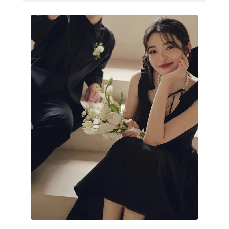 Vestidos de novia cortos simples negros Corea cuello cuadrado fotos sesión vestidos 2025 vestidos de novia de una línea personalizados vestido de fiesta Formal