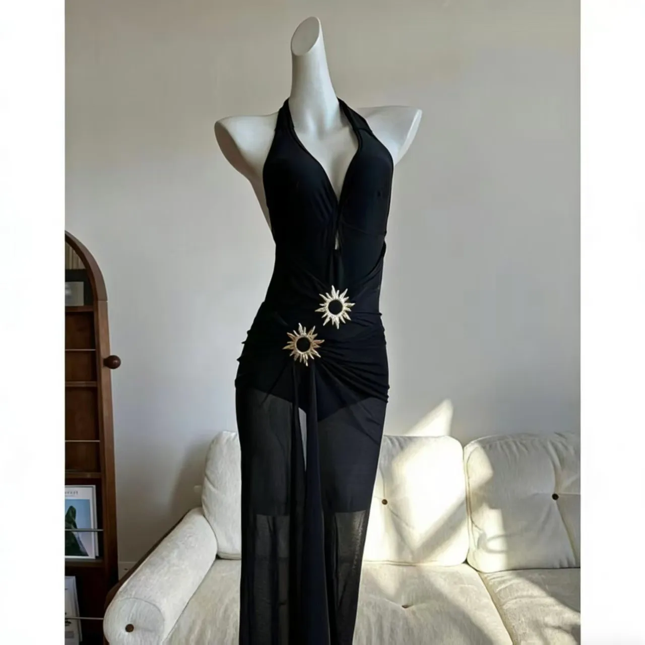 Black Sexy Deep V Neck Halter One Piece Swimsuit Slim Fit Conservative Tummy Control Swimwear for Beach Hot Spring Vacation
