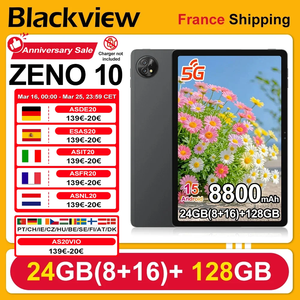 Blackview ZENO 10 [Sans chargeur UE] Tablette 5G 24(8+16)Go+128Go 11'' FHD+ IPS 18W 8800mAh Android 15 90Hz Tablette PC T8200