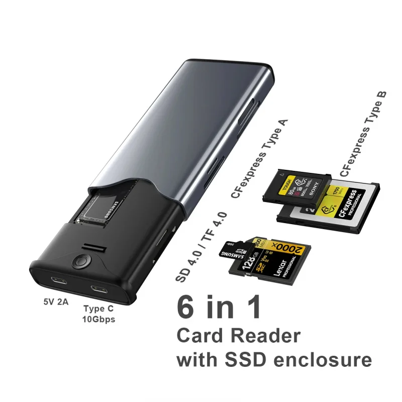 10Gbps CFexpress Adapter NVMe SSD Enclosure USB-C with SD TF Card Reader for Type-A/B