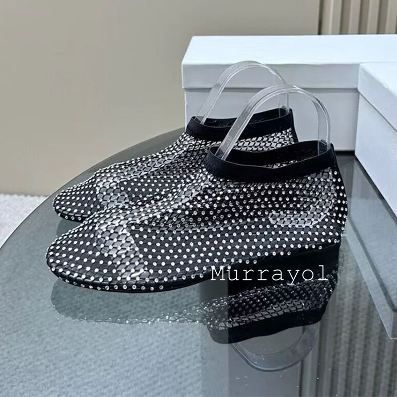 Nuevos zapatos planos decorados con cristales de malla, zapatos individuales de Color sólido para mujer, zapatos Mary Jane ligeros para vacaciones de verano, mocasines