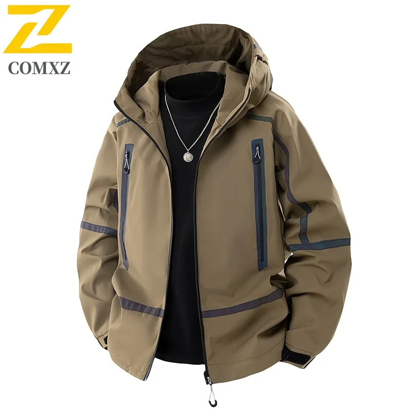 

COMXZ Men Hooded Jacket 2025 Lightweight Outdoor Windproof Waterproof Adventure Climbing Valley Jackets Autumn Multi Pocket Coat
