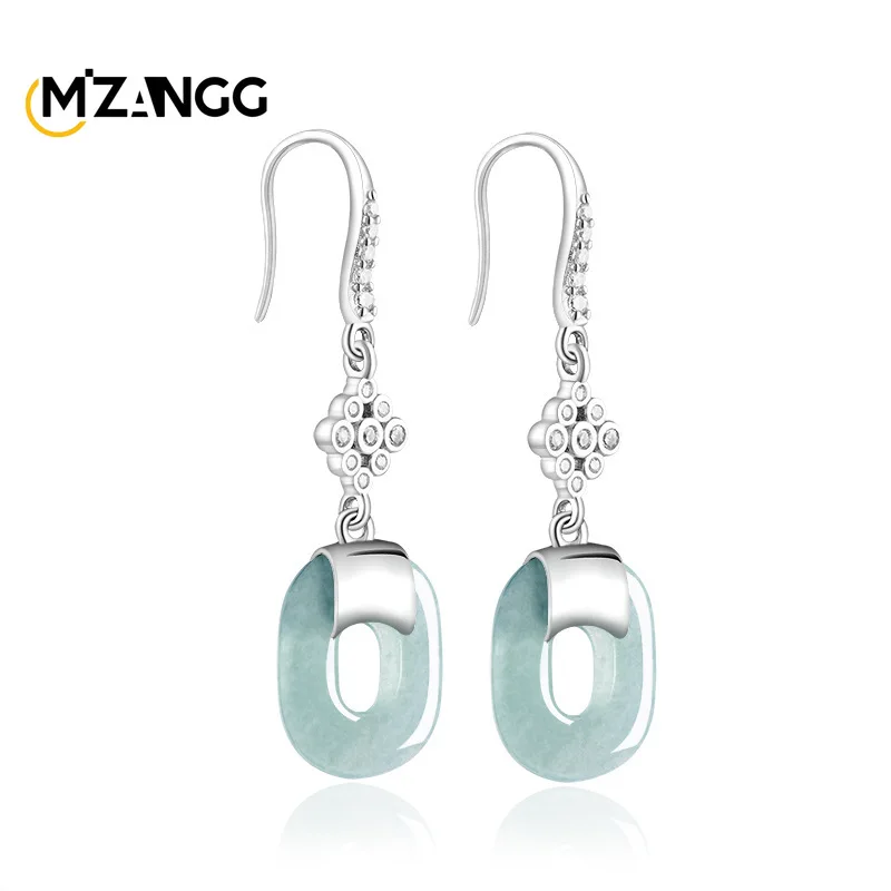 Natural A-Grade Blue Water Jadeite Square Geometric Earrings for Women-Icy Jade S925 Sterling Silver Elegant Luxury Jewelry Gift