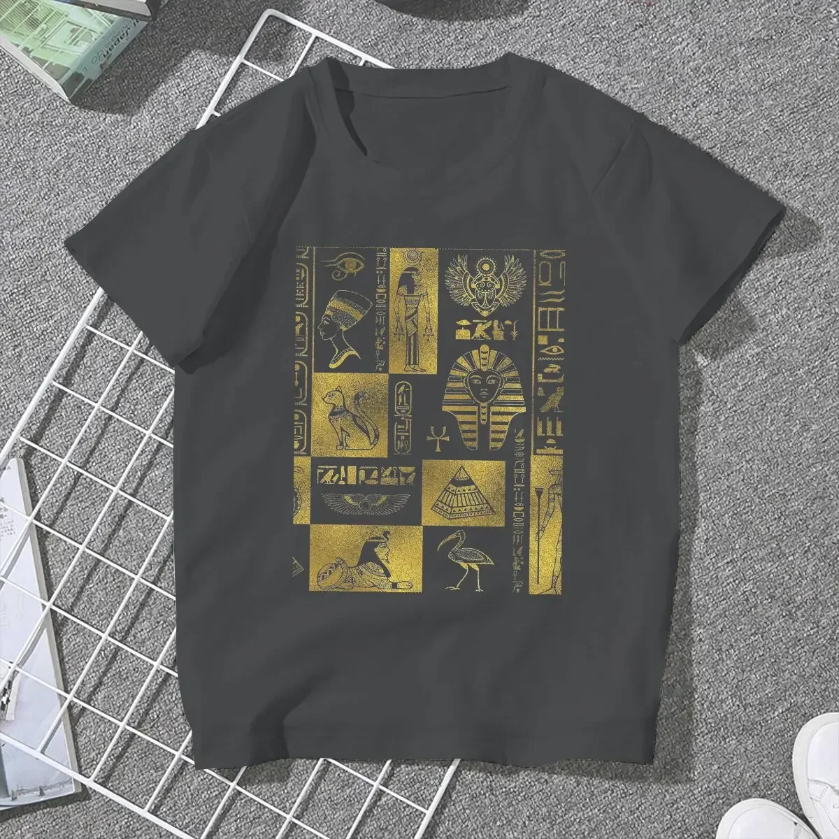 إيان الذهب الهيروغليفية والرموز الكولاج المرأة تي شيرت ماجيك المصرية القديمة مصر الثقافة خمر تي شيرت بياقة مستديرة #2
