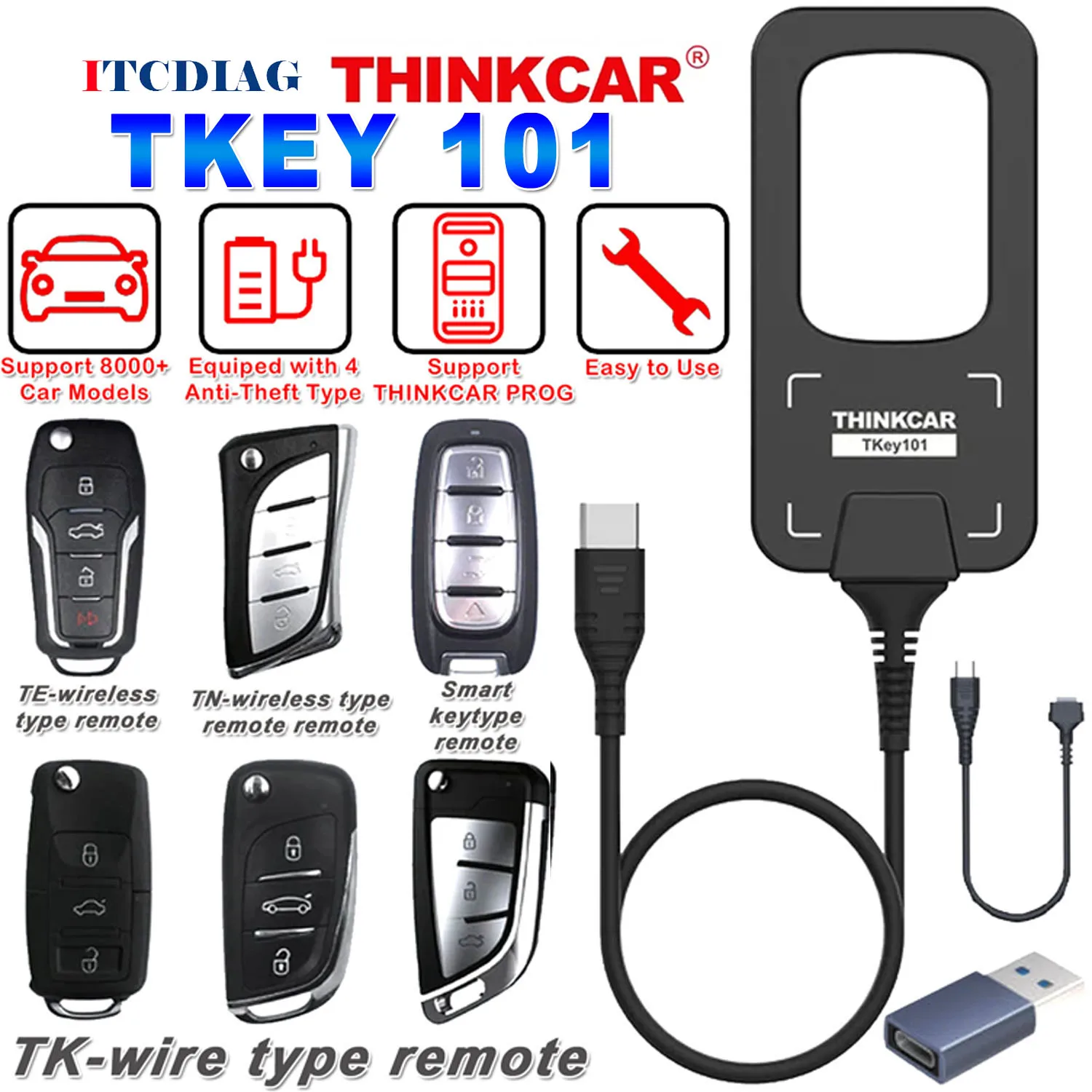 THINKCAR TKEY 101 Universal Car Key Programmer Equipment with 6 Unit Remote Keys Anti-theft Encoding TKEY101 Super Wireless Key