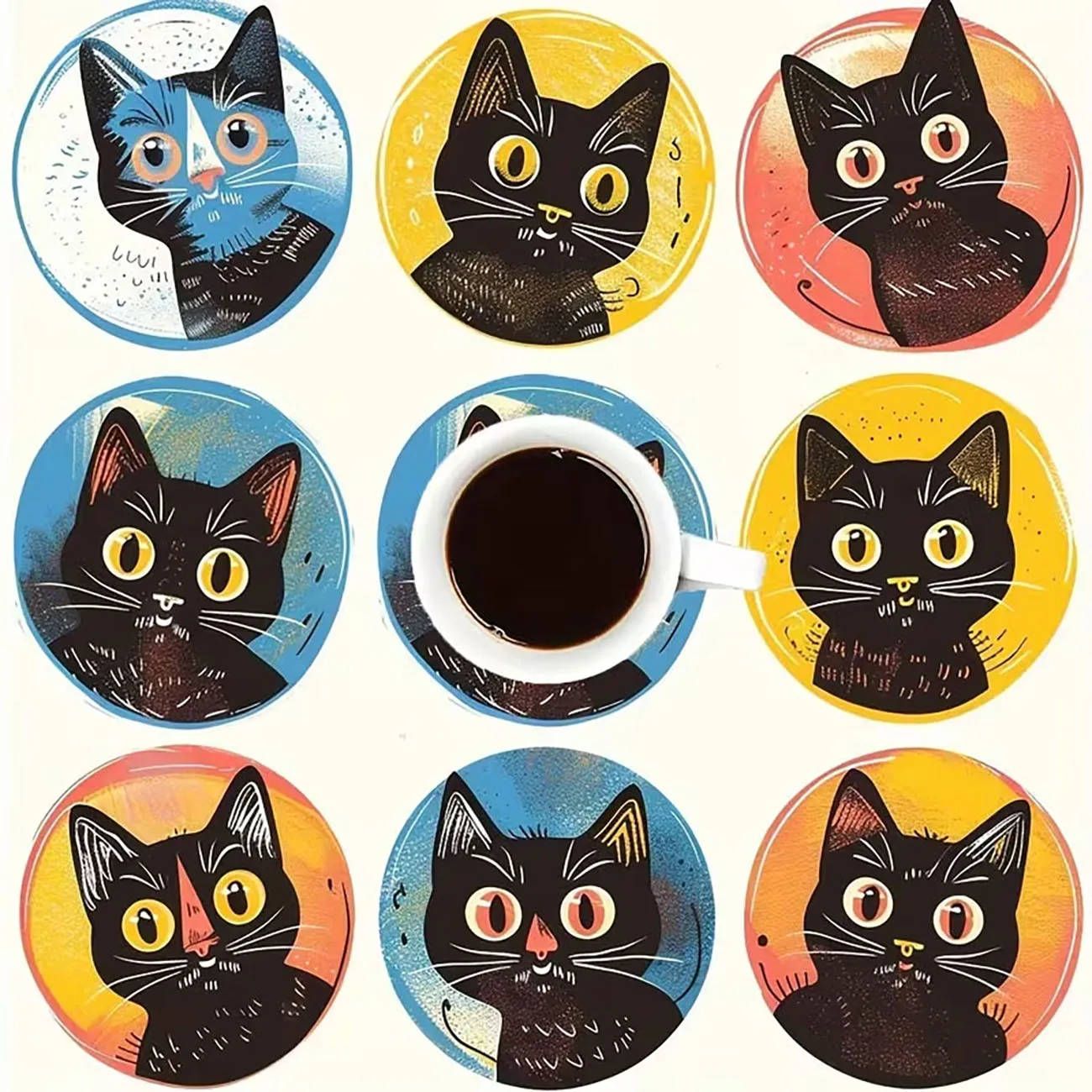 8Pcs Wooden Drink Coasters Cute Cartoon Black Cat Round Table Coasters Colorful Background Home Decor Gift For Cat Lovers