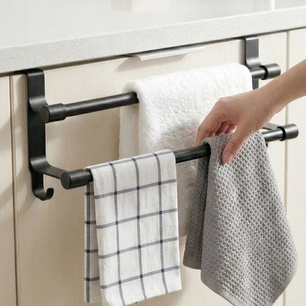 Space-Saving Double Rod Towel Rack Punch-Free Metal Door Rear Hook Storage Rack with Hooks Heavy Duty Bath Towel Organizer