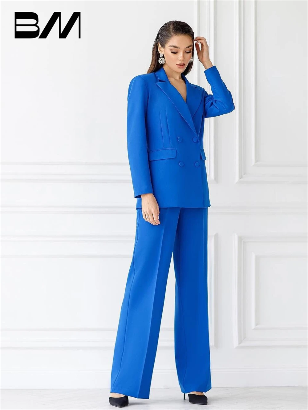 Klein Blue Business Formal Suit Set For Women Two Pieces Double Breasted Solid Wedding Party Dress Pantsuit Wide Trousers Blazer