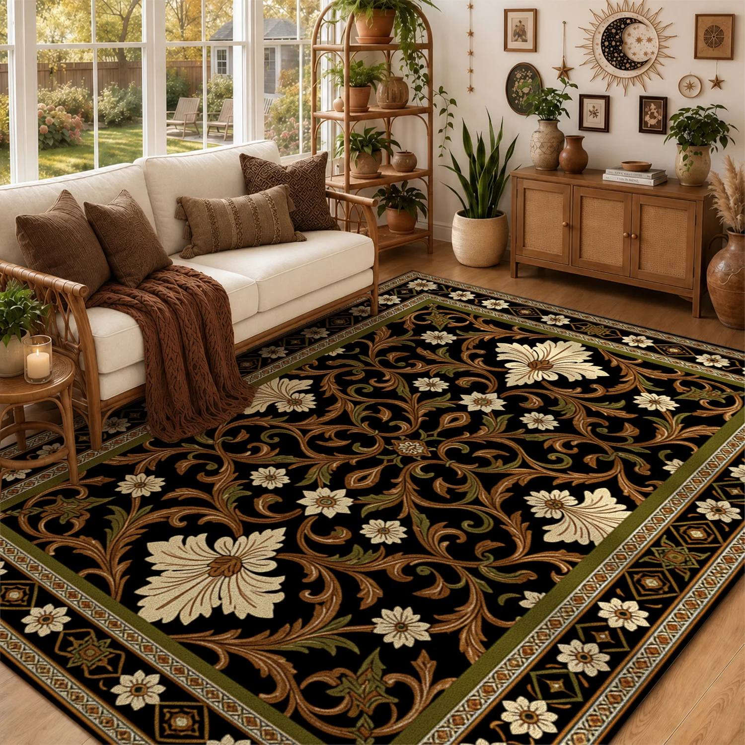 Ornate Floral Scroll Pattern Area Rug, Premium Velvet Material, Machine Washable, Suitable for Living Room Bedroom Dining Room, Ideal Decor for Halloween Thanksgiving Black Friday Christmas New Year Celebrations