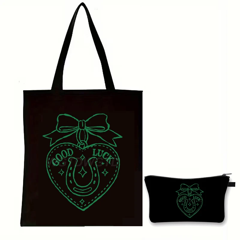 

2026 St Patrick's Day Canvas Tote Bag with Zipper Makeup Pouch Set Green Irish Print Handbag Cosmetic Bag Daily Use Gift