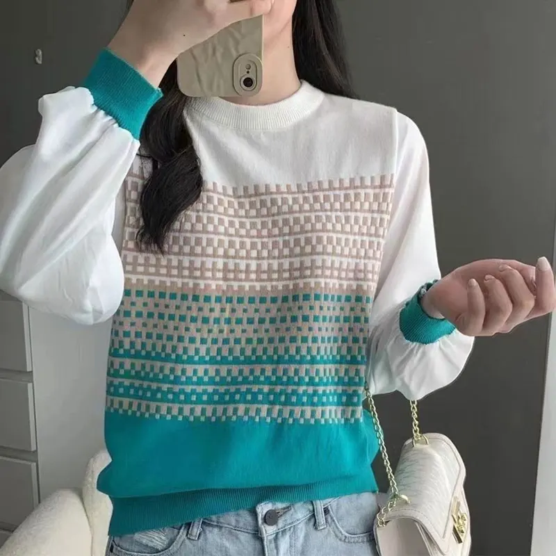 Fashion Plaid Gradient Knitted Shirt Women's Clothing Long Sleeve Commute Spring Autumn Casual Spliced Round Neck Loose Blouse