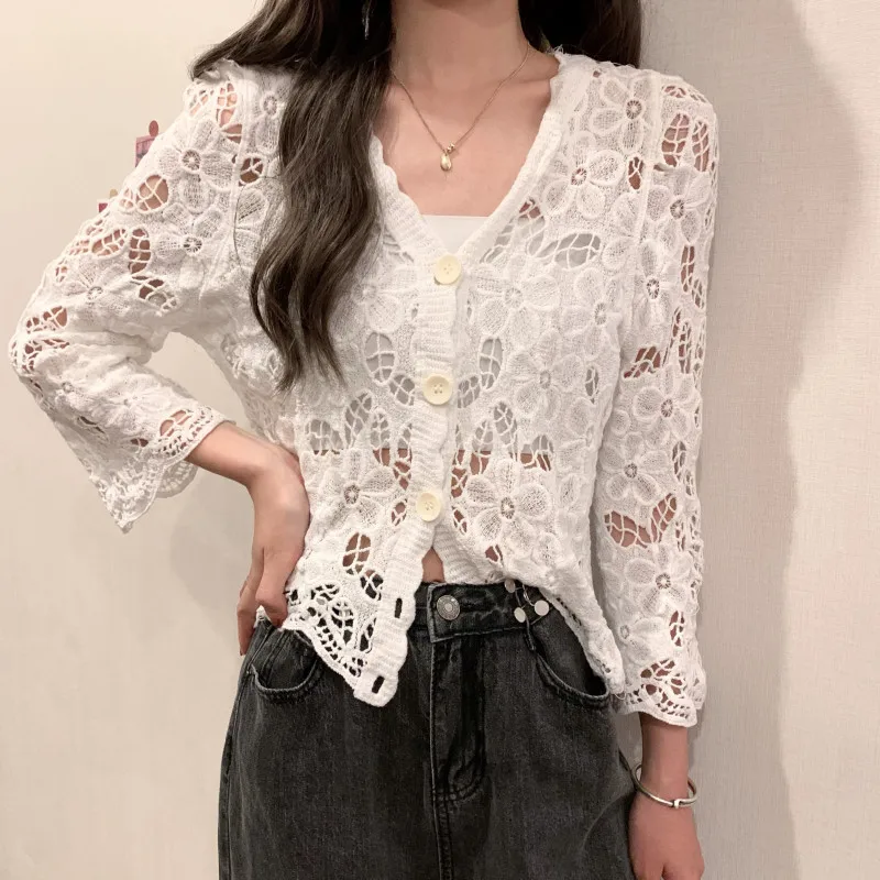 Sheer Crochet Top Cover Up Button Front V-Neck Long Sleeve Open-knit Embroidery Floral Blouse Women Summer Boho Vacation Outfit