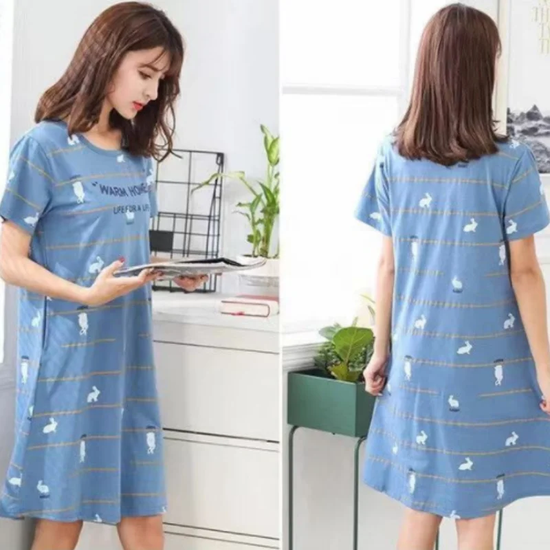 Women Summer One Piece Dress Short Sleeve O-neck Thin Long Skirt Printing Cartoon Loose Pajamas Leisure Nightdress Big Size