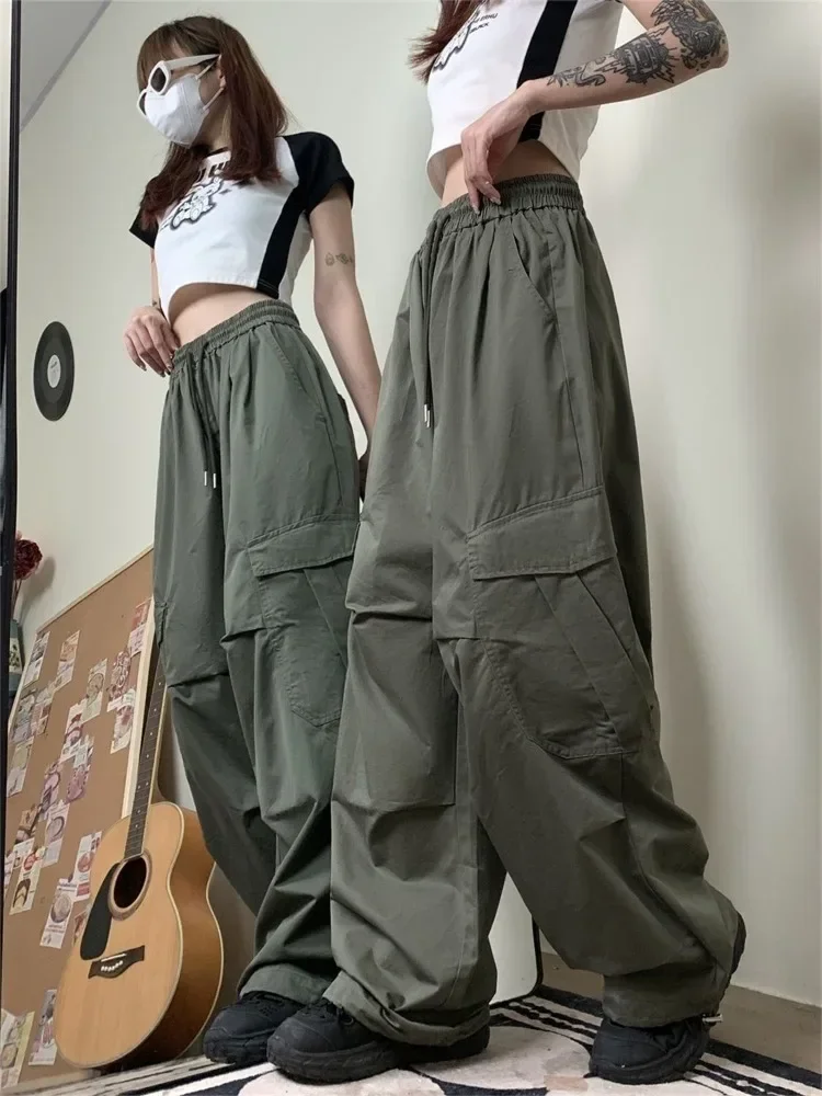 HOUZHOU Women Cargo Pants Vintage Y2k Oversized Trousers Baggy Korean Streetwear 90s Hippie Beige Pleated Joggers Hip Hop Style