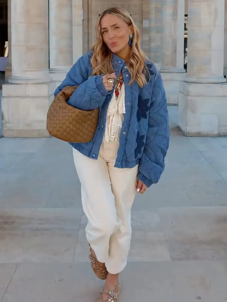 HH 2025 Fashion Women Quilted Cotton Jacket Autumn Female Long Sleeve Embroidery Padded Short Coats Lady High Street Outwear
