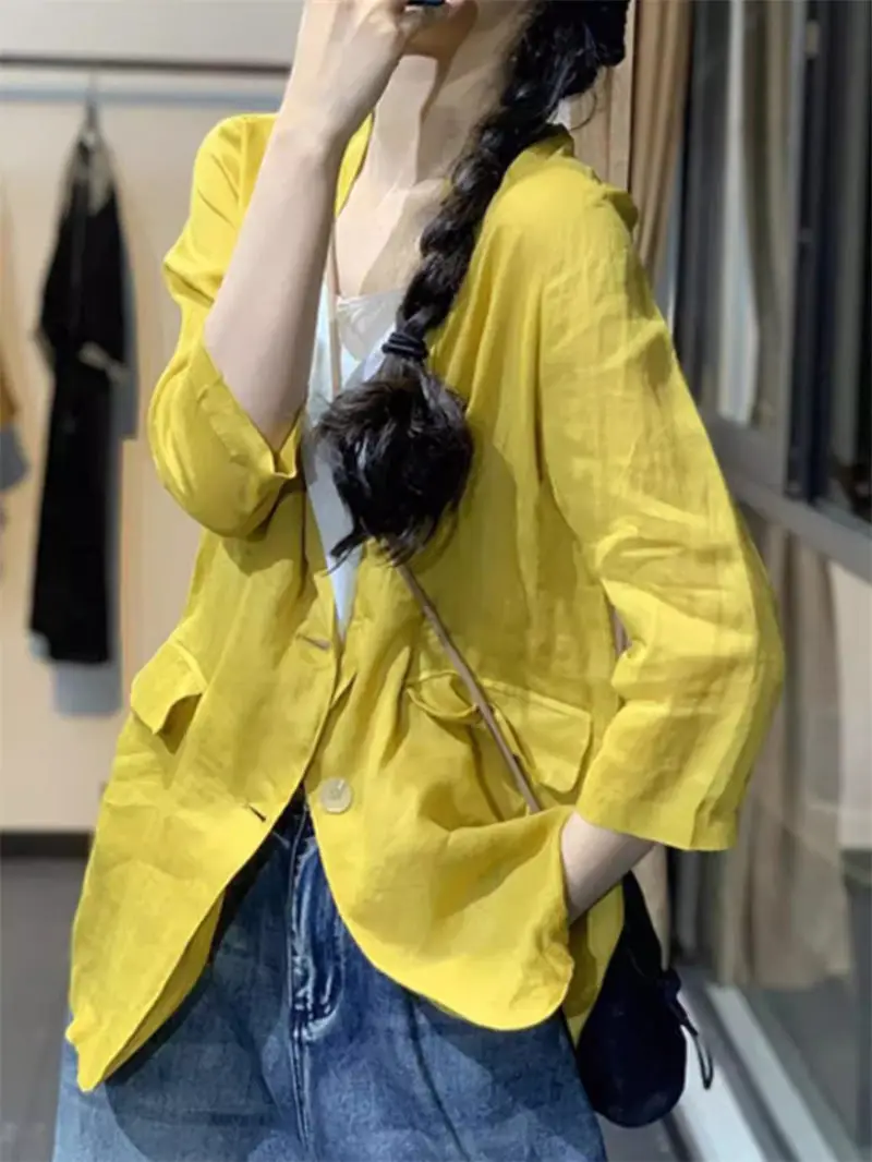 Solid Color Thin Cotton Linen Blazer Big Size Women's Clothing Pocket Two Button Lapel 3/4 Sleeve Jacket Summer Top K1900