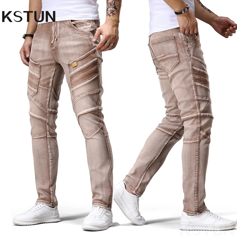 

KSTUN Мужские уличные эластичные джинсовые джинсы, облегающие коричневые повседневные брюки для мальчиков, новые модные мотоциклетные брюки Yong Man в стиле хип-хоп