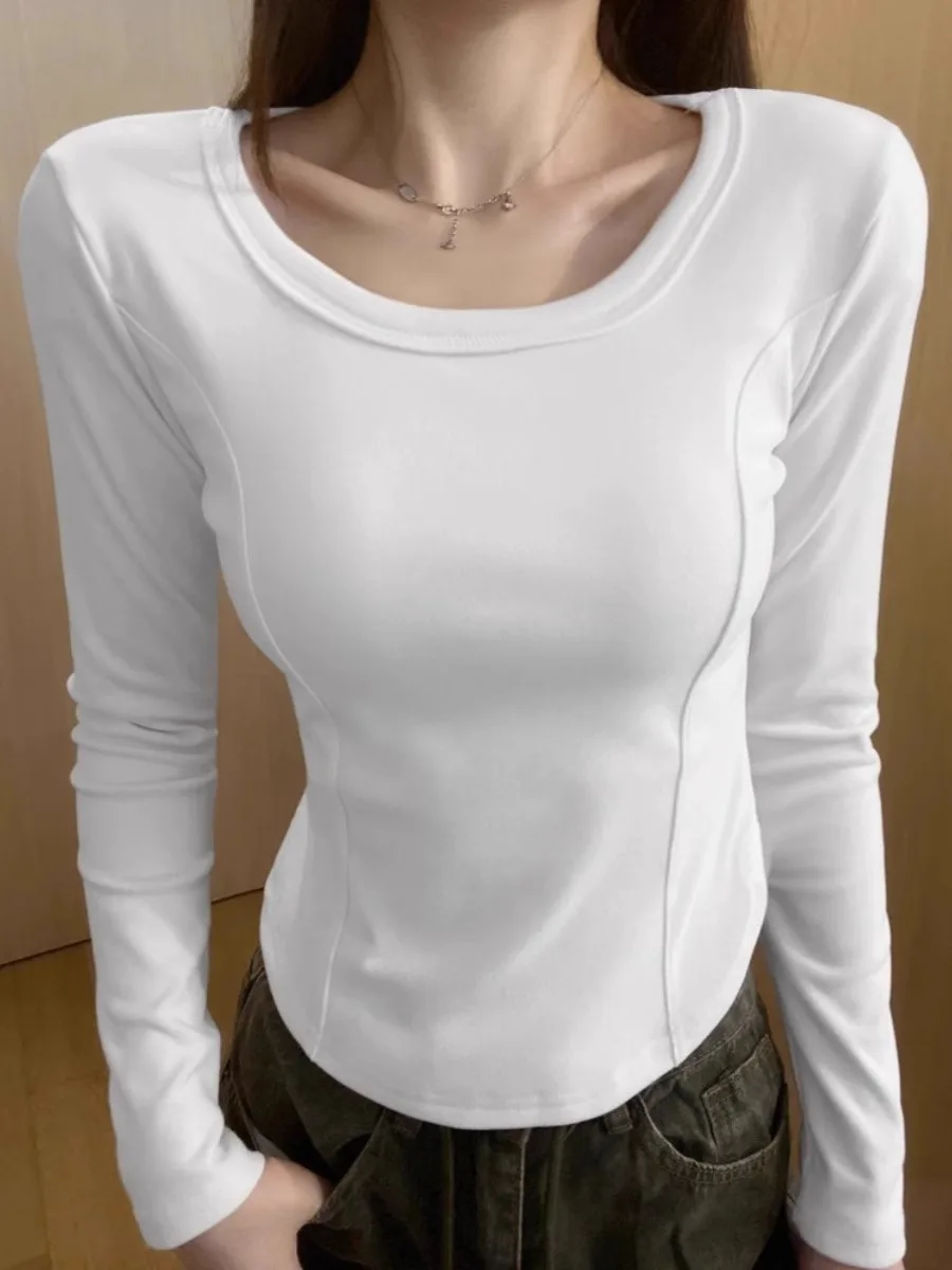 

Slim Fit Cotton Base irt ort Sle Women's T-irt Spring Autumn Inner Wear Sexy Girl Design Casual Long Sve U-Ne Top