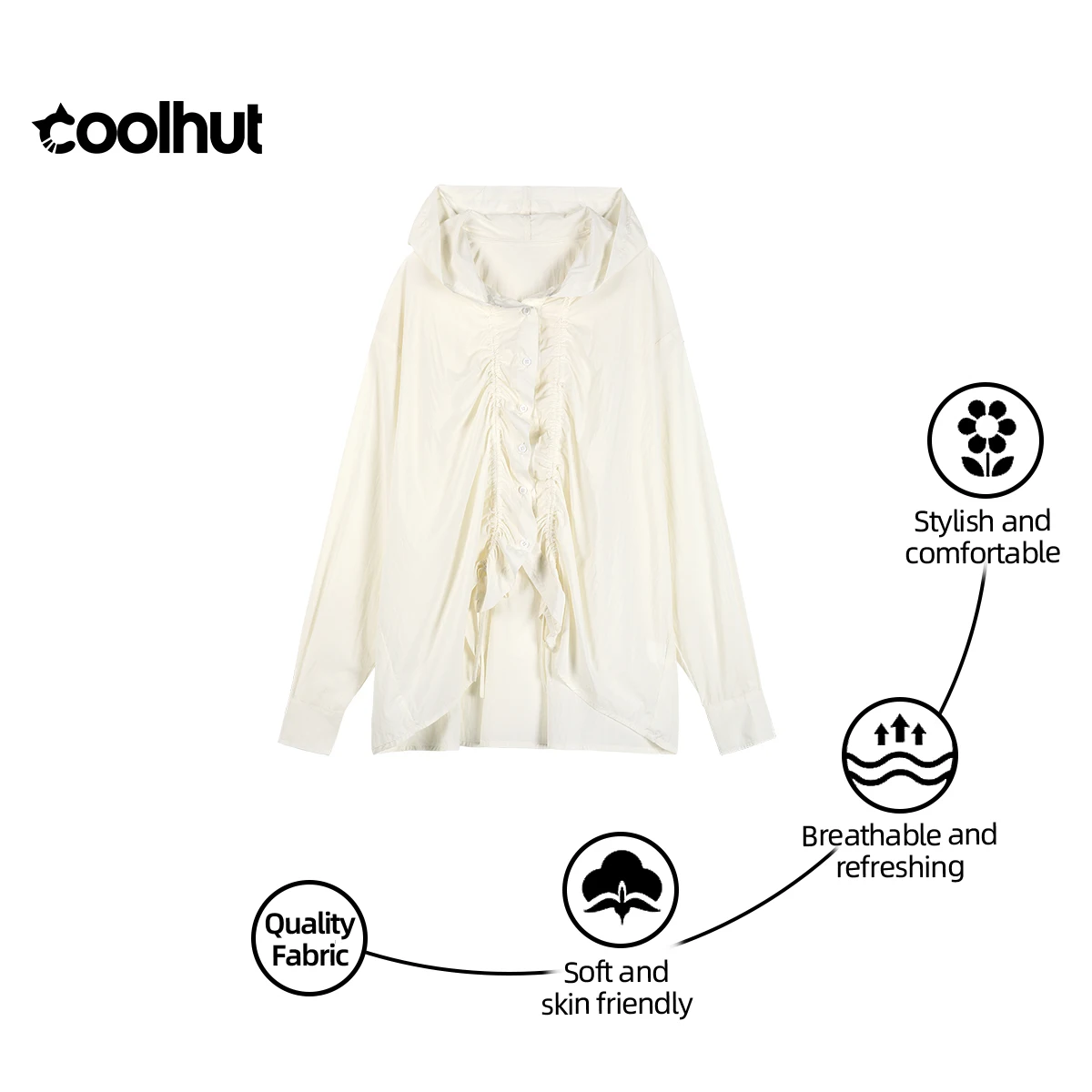 

COOLHUT 2025 Women Shirring Spring Blouse Long Sleeve Ruffle Detail Oversized Solid Color Casual Shirt Jacket Chic Loose Fit Top