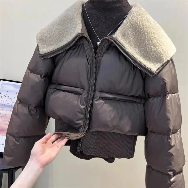 

Короткая хлопковая куртка с большими лацканами, парка для женщин, осень-зима, пуховое хлопковое пальто из овечьей шерсти, модная хлопковая верхняя одежда, женский топ