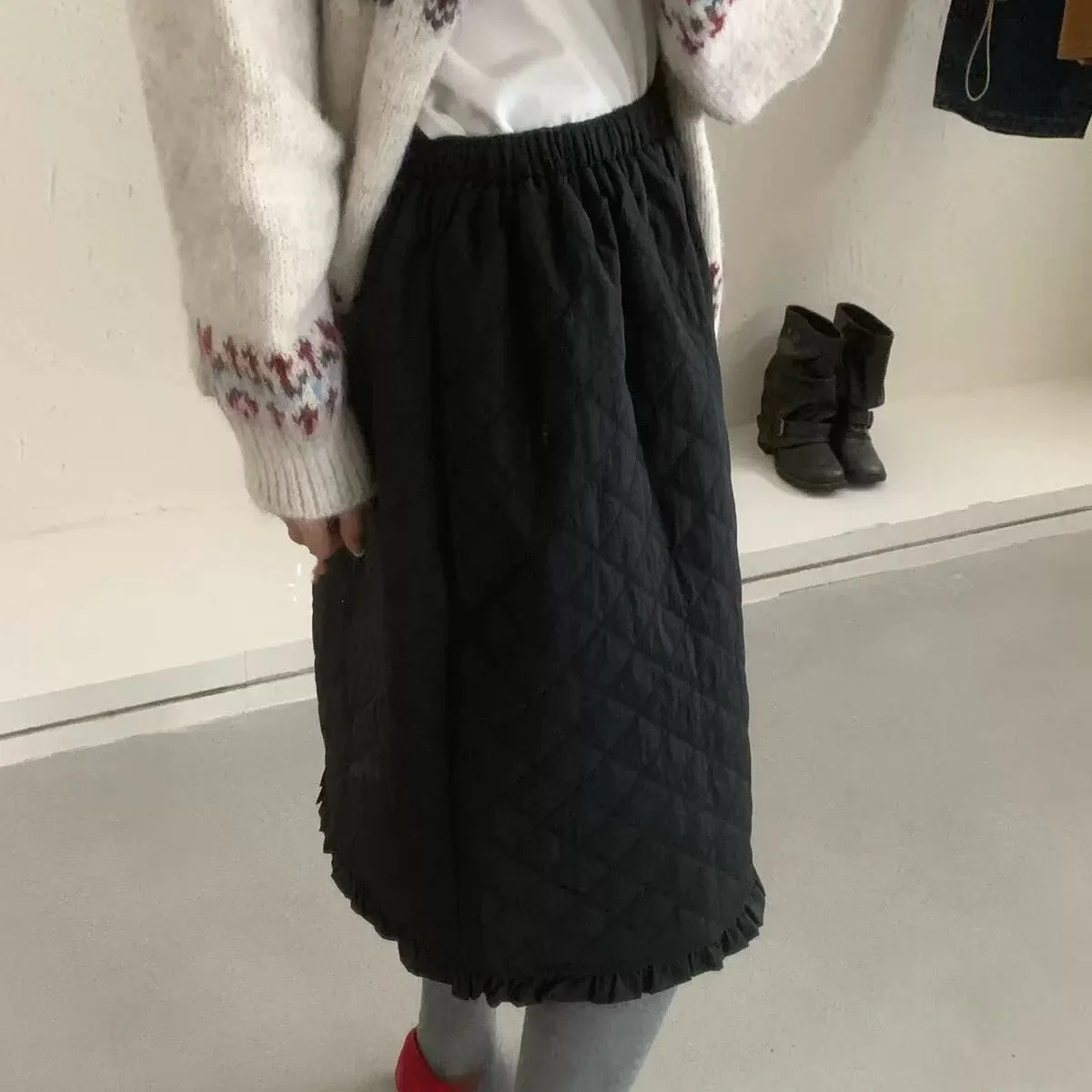 시크한 가을 겨울 미디 스커트 여성용 미디엄 길이 A라인 스커트 우드 에인 디자인과 코튼 거즈 레트로 스타일