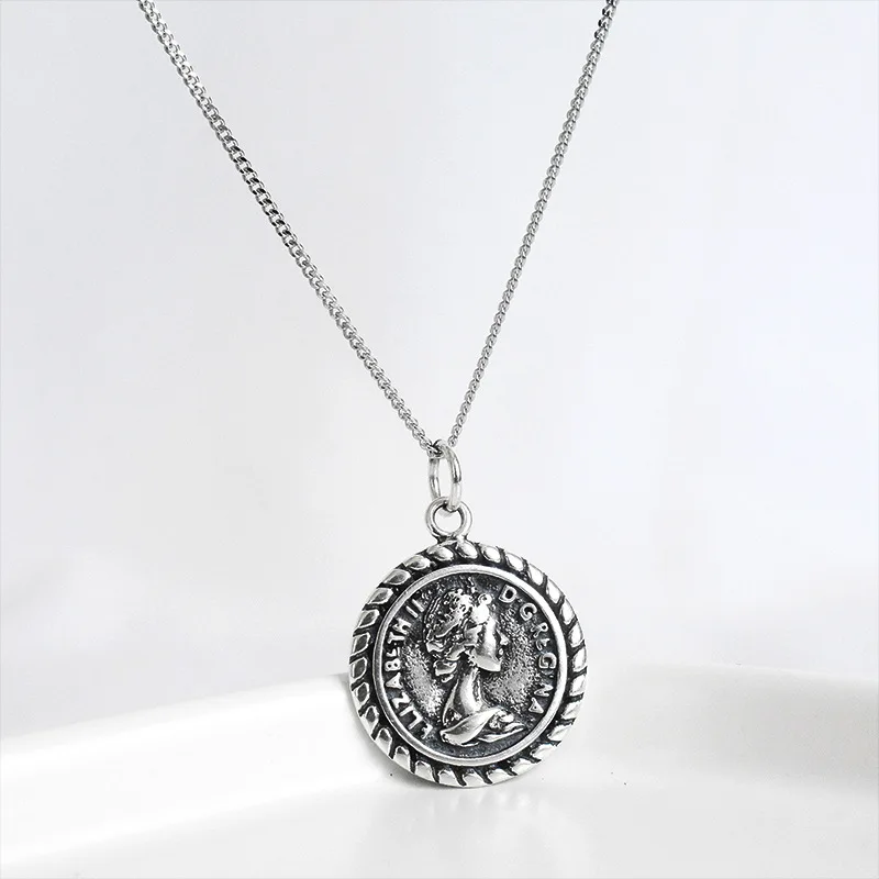 Vintage Elizabeth Coin Pendant Necklace 925 Sterling Silver Korean ins Personality Lock Clavicle Chain Jewelry