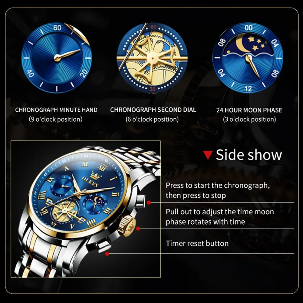 OLEVS Top Brand Mens Watches Classic Roman Scale Dial Luxury Wrist Watch for Man Original Quartz Waterproof Luminous Chronograph