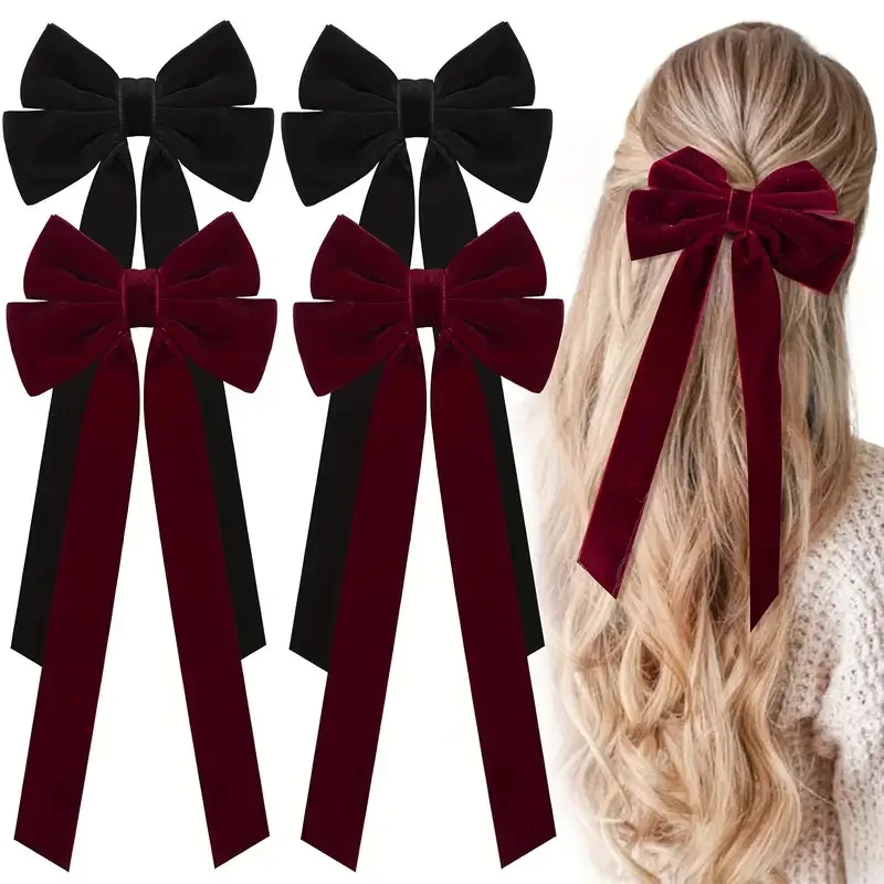 Burgundy Velvet Hair Ribbon Bows Clip For Women Maroon Vintage Bow Hair Clip, Maroon Ribbons Hairpin Ponytail Velvet Accessories