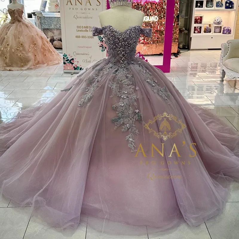 

Light Purple Beaded Ball Gown Quinceanera Dresses Sweetheart Sequined Prom Gowns Appliqued 3DFlower Sweep Train Tulle Sweet 15