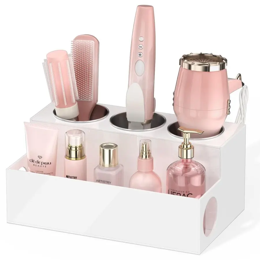 

Acrylic Hair Styling Tool Organizer and Holder Bathroom Countertop Storage for Blow Dryers, Accessories, Makeup, and Toiletries