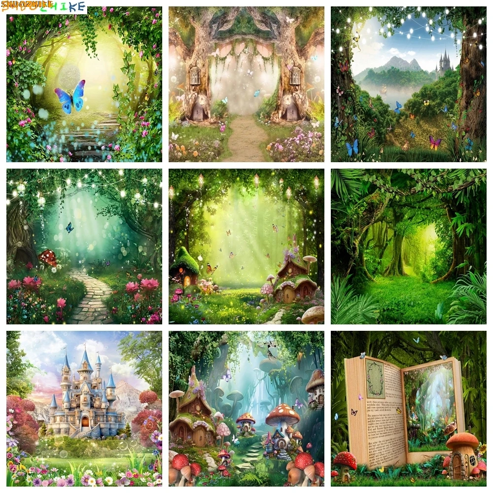 

Enchanted Forest Photography Backdrop Fairy Tale Butterfly Mushroom Baby Shower Birthday Party Photo Background Photostudio Prop