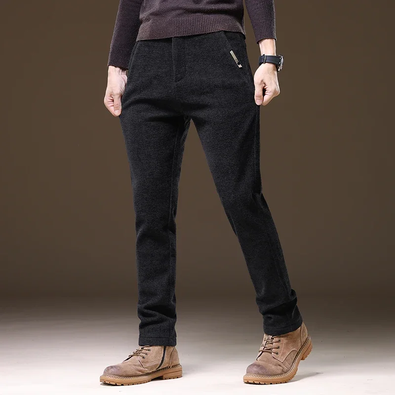 ماركة الخريف الشتاء الفاخرة سراويل تقليدية الرجال سميكة الأعمال مرونة الخصر ضئيلة الكورية نحى النسيج البني السراويل الطويلة الذكور