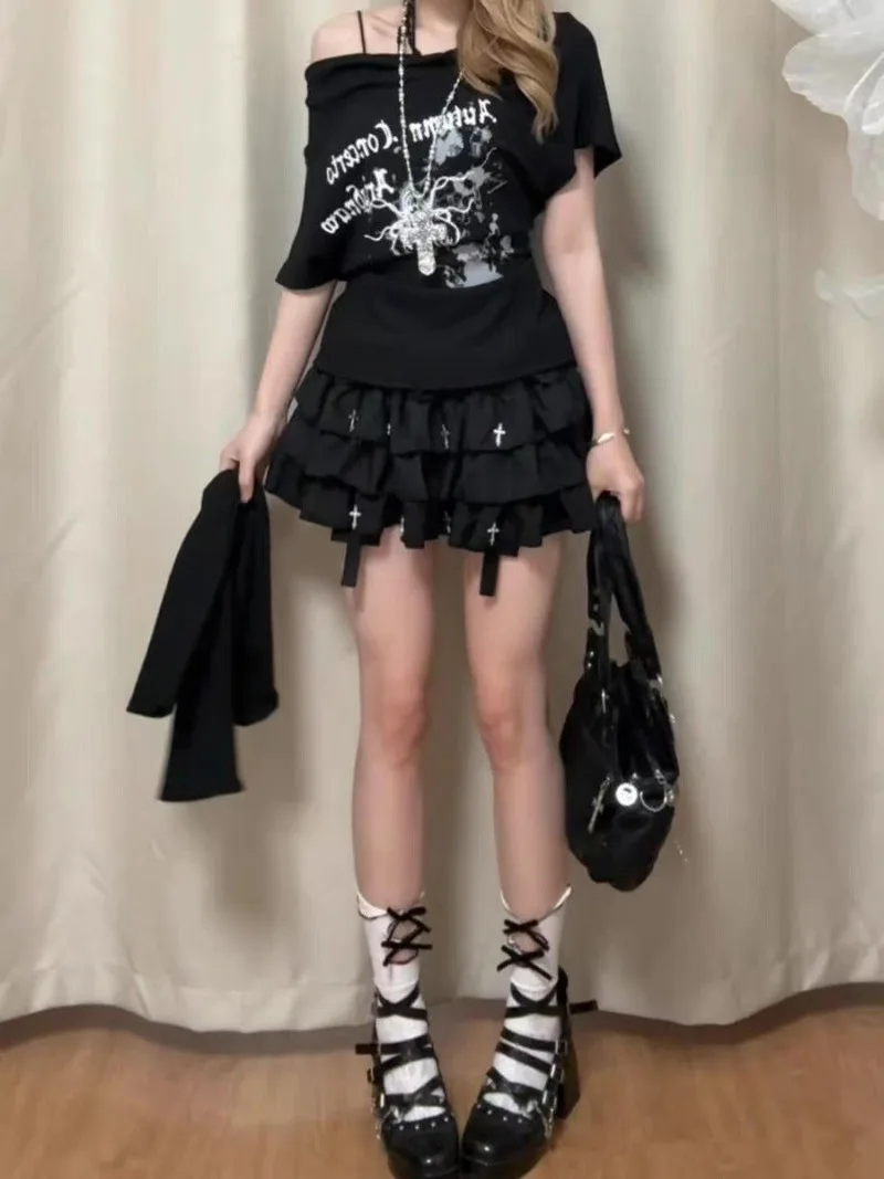 Gothic Clothes Women Summer Off-Shoulder Top with Removable Sleeves Y2K Goth Style High Street T-shirt Aesthetic Clothing New In