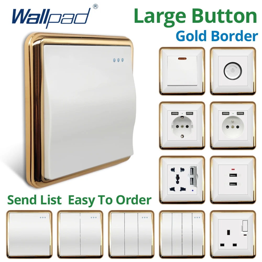 Wallpad White Large Wave Button Gold Border Wall EU UK Electrical Outlets And 1/2/3/4 Gang 1 2 3 Way Light Switches 110 220V