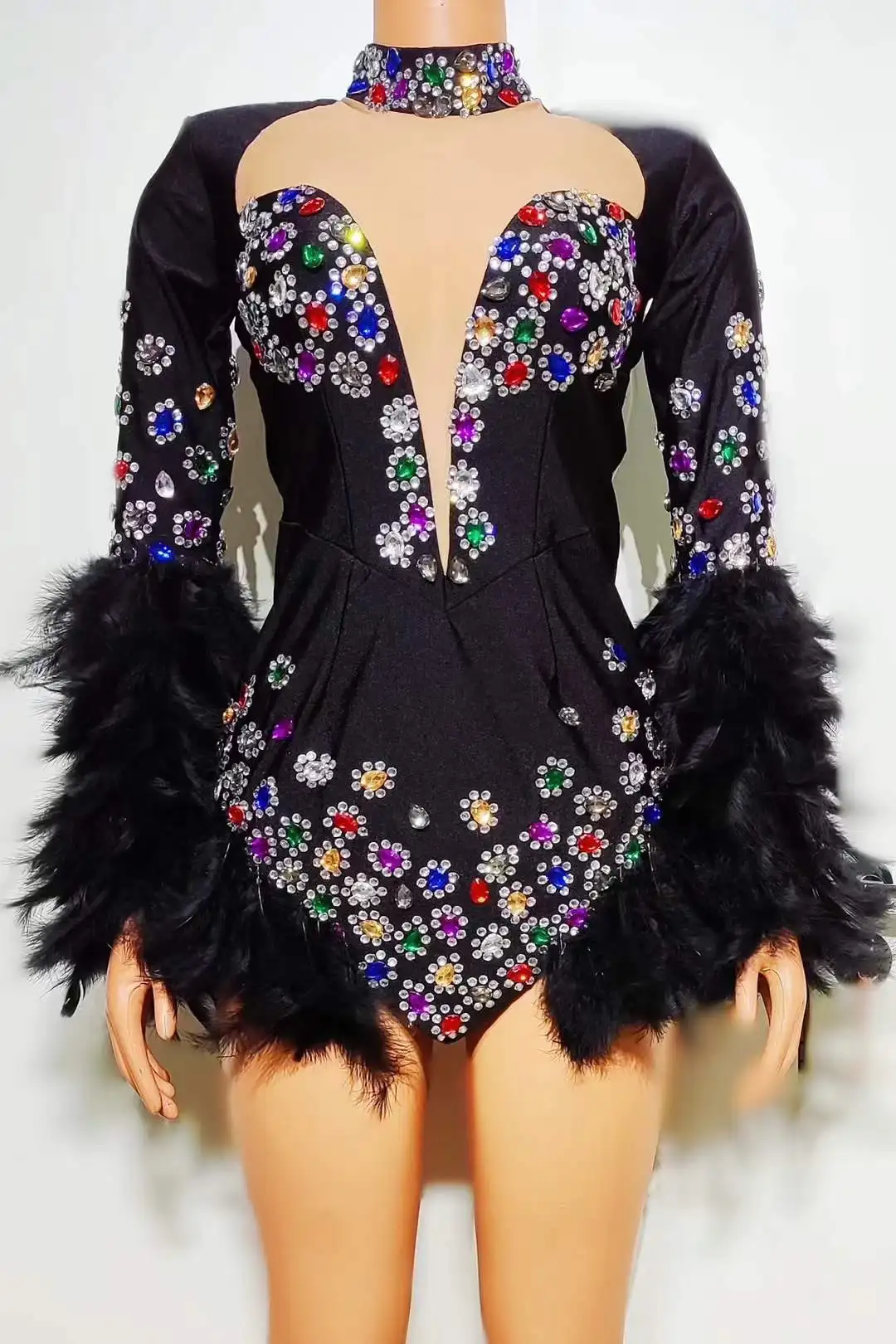 

Women Black Flower Singer Dancer Birthday Party Night Club Queen Rhinestone Bodysuits With Feather