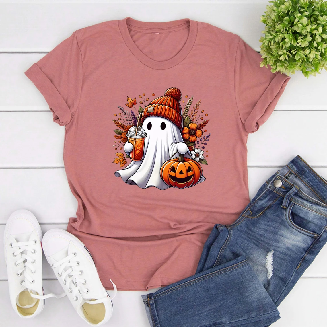 Halloween Cute Ghost T-shirt Halloween Pumpkin Spice Tee Damskie koszulki z grafiką Spooky Season T-shirty Trick or Treat Tees