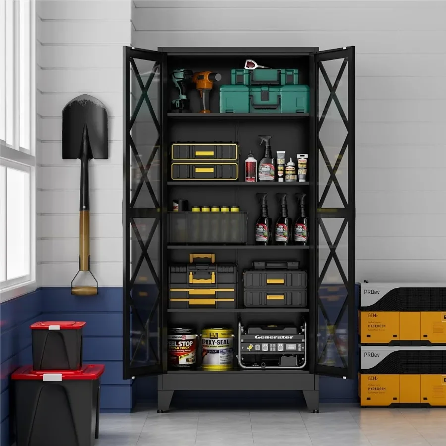 71 Metal Storage Cabinet for Home Office Use, Diamond Black Finish with 5 Adjustable Shelves and Tempered Glass Doors