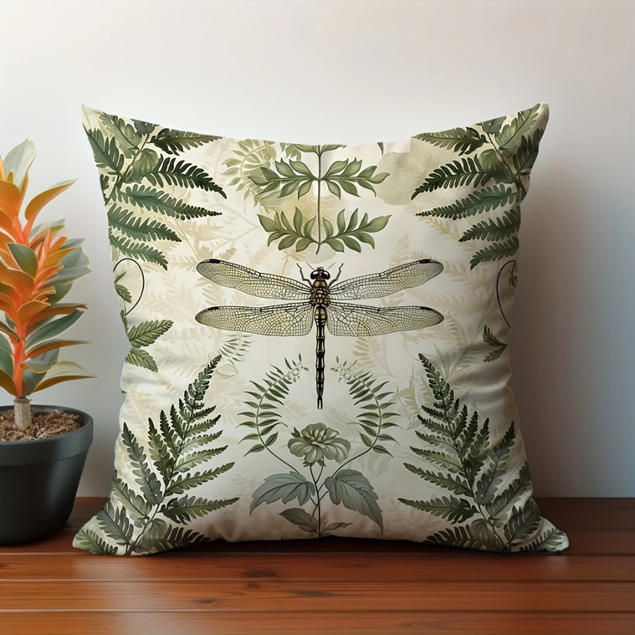 1PC Digital Print Pillow Cover Cushion Cover Green Dragonfly Fern Leaf Botanical Nature Garden Decorative Throw Pillow Case